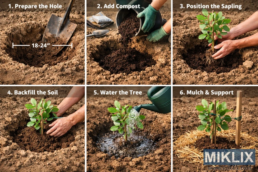 六幅圖展示了種植一棵幼小的開心果樹的步驟,從挖坑、添加堆肥到澆水、覆蓋地膜和支撐樹苗。 六幅圖展示了種植一棵幼小的開心果樹的步驟,從挖坑、添加堆肥到澆水、覆蓋地膜和支撐樹苗。