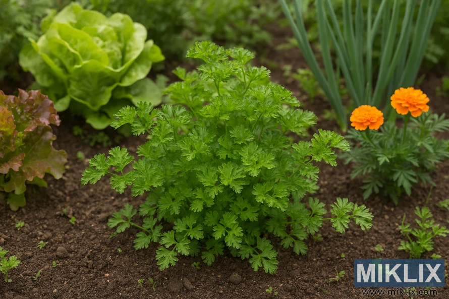 Parsley growing with lettuce, marigolds, and onions in a garden bed
