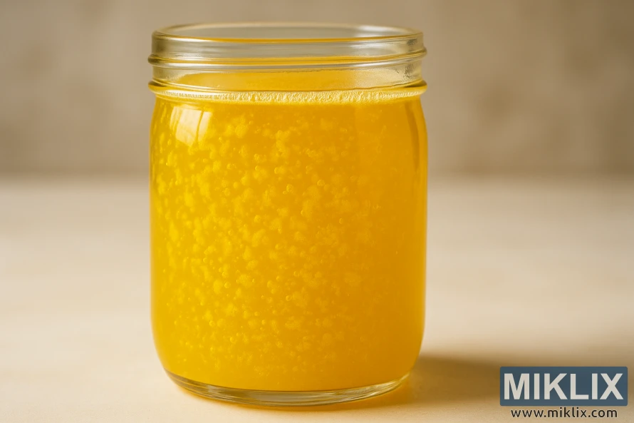 미니멀한 표면 위에 밝은 황금빛 노란색 액체가 가득 담긴 유리 병. 미니멀한 표면 위에 밝은 황금빛 노란색 액체가 가득 담긴 유리 병.