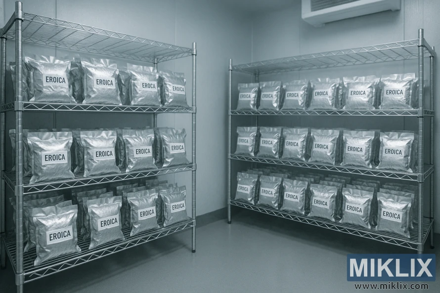 Kjølelager med pent stablede vakuumforseglede Eroica-humlepakker på stålhyller.