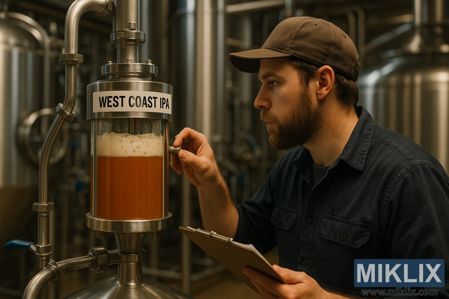 Пивар внимателно го проверува садот за ферментација на IPA на Западниот брег во комерцијална пиварница. Пивар внимателно го проверува садот за ферментација на IPA на Западниот брег во комерцијална пиварница.