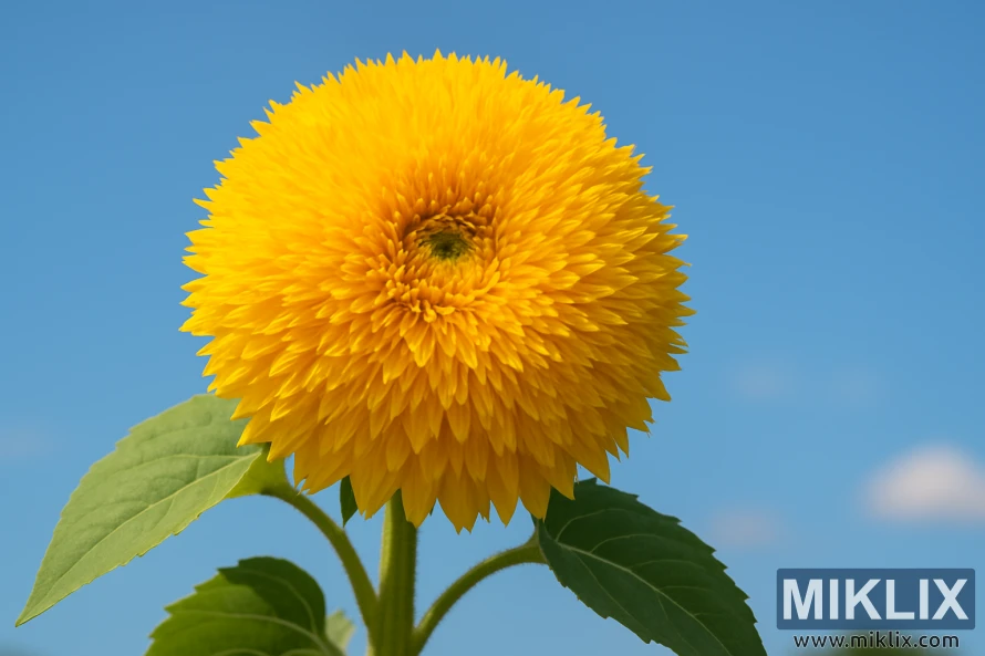 Nahaufnahme einer Teddybär-Zwergsonnenblume mit flauschigen, doppelten goldenen Blüten unter einem strahlend blauen Sommerhimmel. Nahaufnahme einer Teddybär-Zwergsonnenblume mit flauschigen, doppelten goldenen Blüten unter einem strahlend blauen Sommerhimmel.