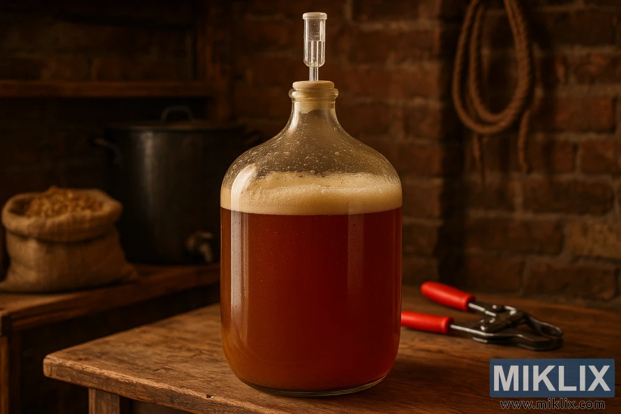 Pemandangan pedesaan ale Amerika sing fermentasi ing carboy kaca ing meja kayu.