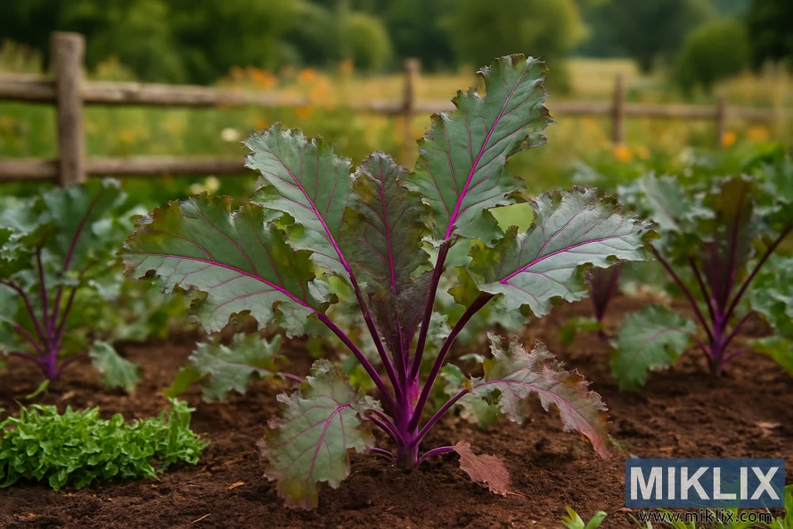 Vibrant Red Russian kale plants with purple stems and green leaves growing in a country garden with a wooden fence and soft-focus meadow in the background.