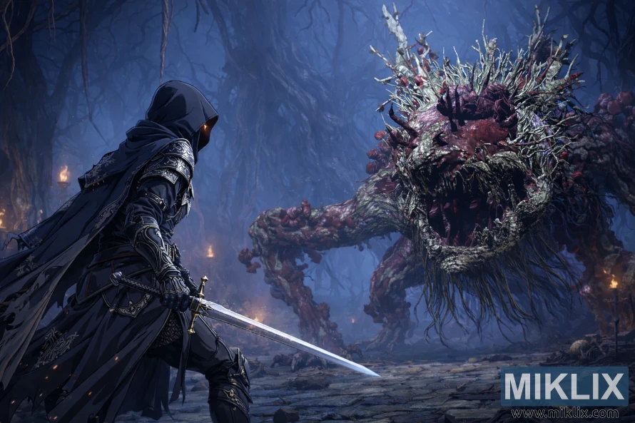 लड़ाई शुरू होने से ठीक पहले, एल्डन रिंग में फ्रिंजफोक हीरो की कब्र के अंदर अल्सरेटेड ट्री स्पिरिट का सावधानी से सामना करते हुए तलवार चलाते हुए टार्निश्ड का एनीमे-स्टाइल फैन आर्ट।