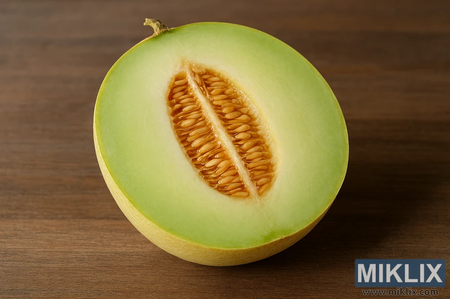 Halved honeydew melon showing pale green flesh and seed cavity on wooden surface Halved honeydew melon showing pale green flesh and seed cavity on wooden surface