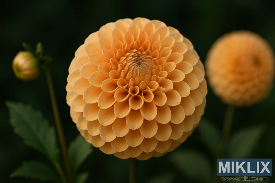 Close-up of a Crichton Honey dahlia with golden, apricot, and peach petals.