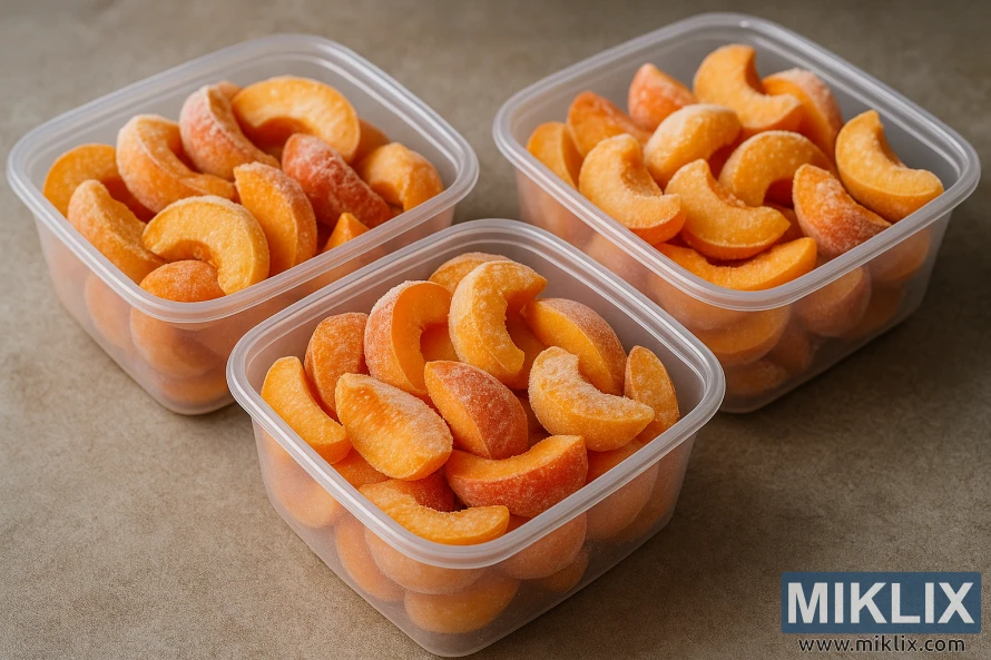 Trois récipients en plastique transparent remplis de tranches d'abricots congelées, posés sur une surface en pierre texturée.