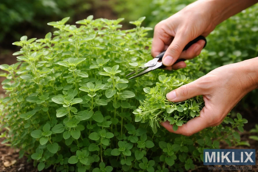 Hands harvesting fresh marjoram leaves from a healthy garden plant using small shears
