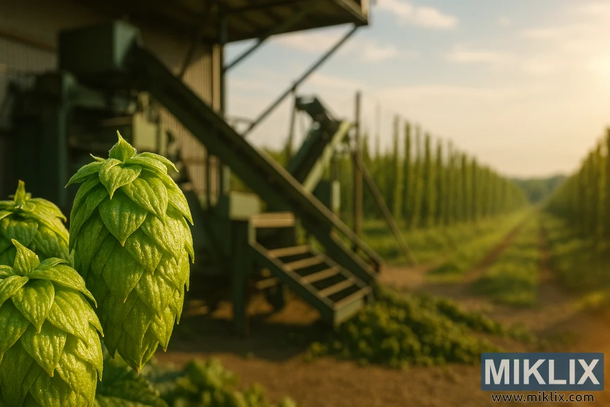 Close-up of Hallertauer Taurus hop cones with brewing equipment and hop farm in background