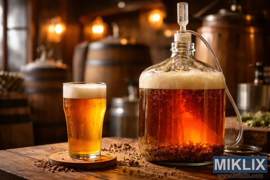 Close-up of a glass carboy with fermenting beer beside a glass of golden ale on a wooden table in a cozy brewery.