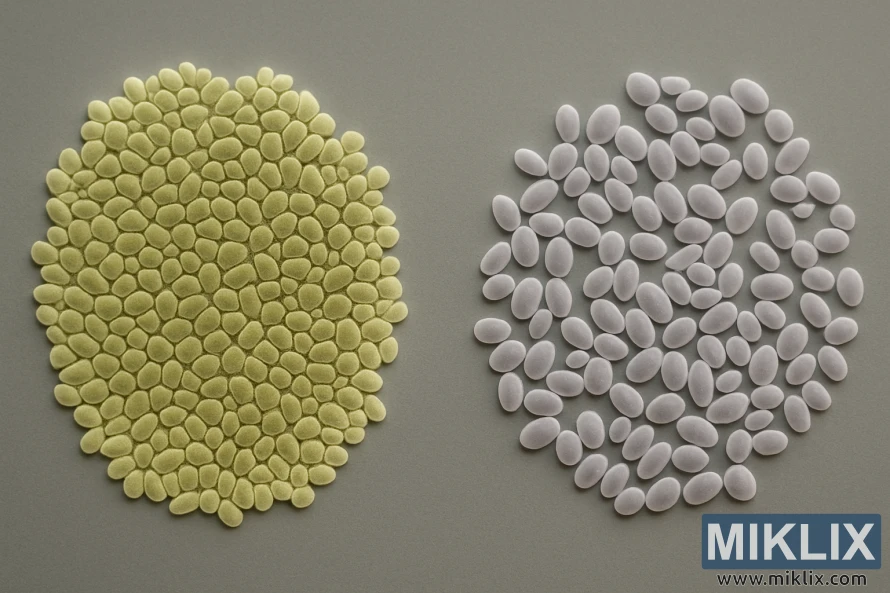 Mikroskooppikuva, jossa vertaillaan kahta Saison-hiivapesäkettä vierekkäin.