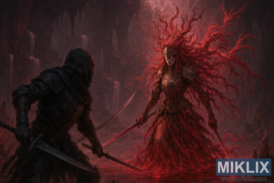 The Black Knife Assassin confronts Malenia in her Goddess of Rot form, surrounded by red rot energy in a cavern filled with waterfalls.