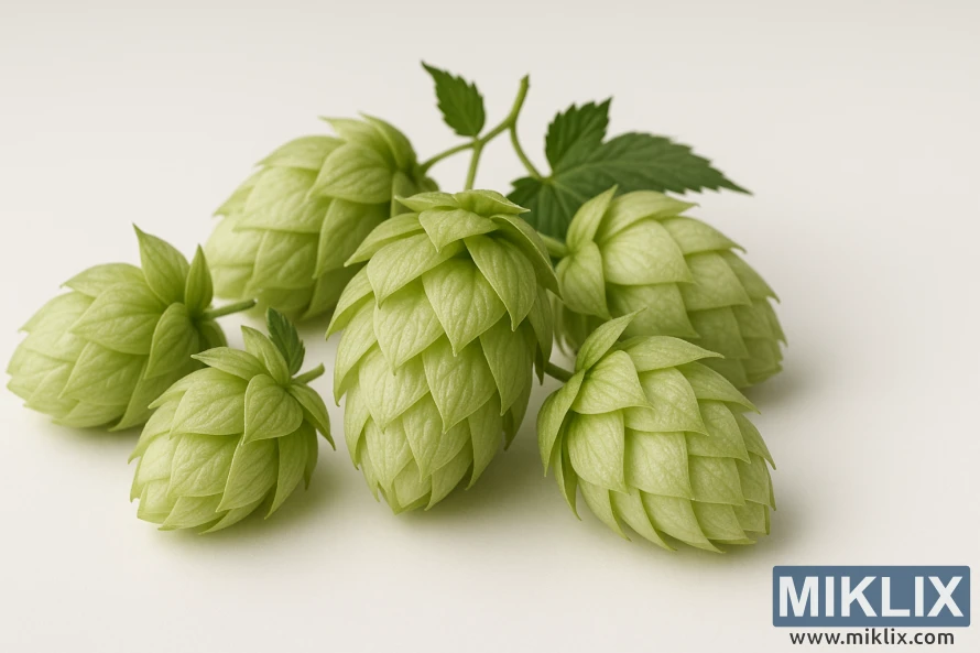 Nærbilde av pent arrangert Nelson Sauvin hopper på en hvit overflate i mykt lys.