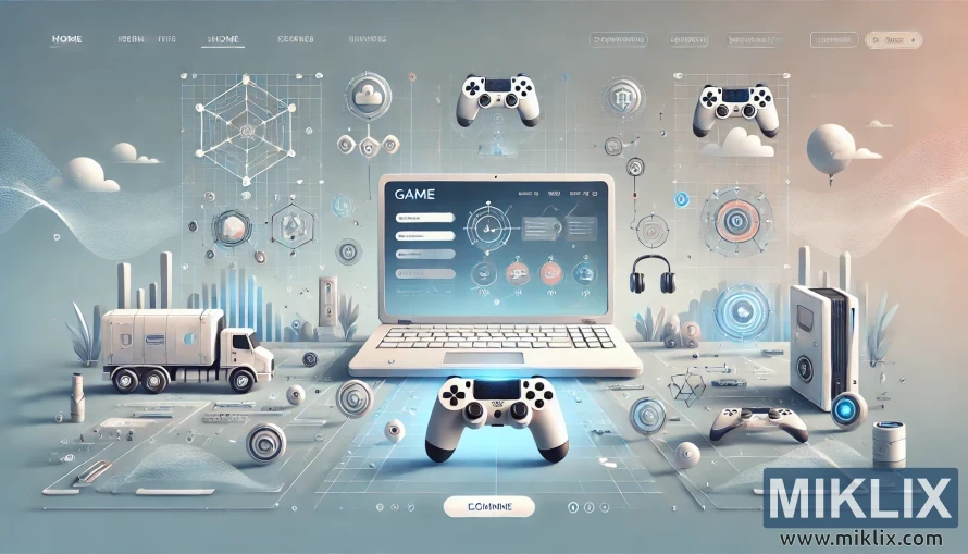 Laptop with game interface, controllers, console, and headset in a futuristic gaming illustration.