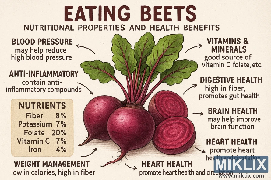 Infografika zobrazující zdravotní přínosy a živiny řepy s popisnými ilustracemi