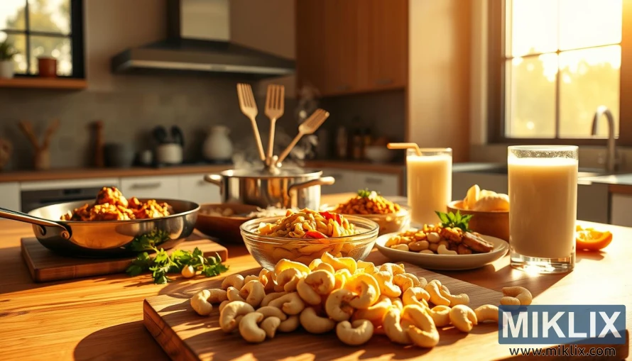 Assorted cashew dishes including curry, chicken, brittle, and smoothie on a sunlit kitchen counter with whole cashews in foreground. Assorted cashew dishes including curry, chicken, brittle, and smoothie on a sunlit kitchen counter with whole cashews in foreground.