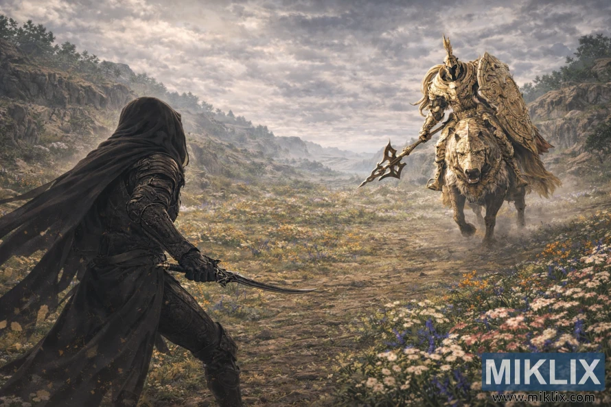 Wide anime-style scene showing the Tarnished from behind facing a distant Tree Sentinel on horseback in a vast, flower-filled landscape before battle.