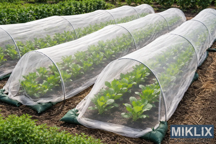 Gjennomsiktige raddeksler strukket over ringer beskytter unge bok choy-planter som vokser i pene hagerader. Gjennomsiktige raddeksler strukket over ringer beskytter unge bok choy-planter som vokser i pene hagerader.