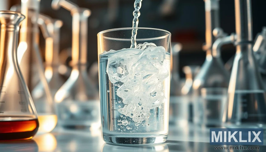 Glass fylt med klart boblende vann foran beger og laboratorieutstyr under myk belysning.