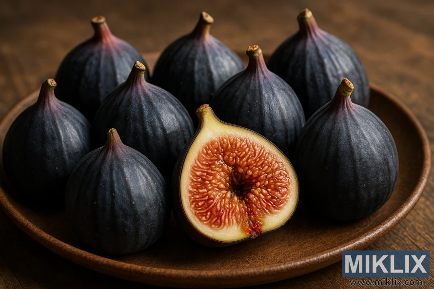 A group of ripe Black Mission figs on a ceramic plate, with one fig halved to reveal its golden-red interior. A group of ripe Black Mission figs on a ceramic plate, with one fig halved to reveal its golden-red interior.