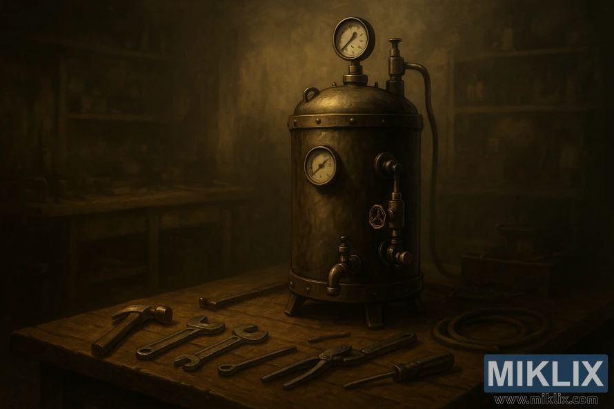 Slabo osvetljena delavnica z leseno delovno mizo, prekrito z orodjem, in starinskim parnim fermentorjem za lager z merilniki in ventili v središču pozornosti.