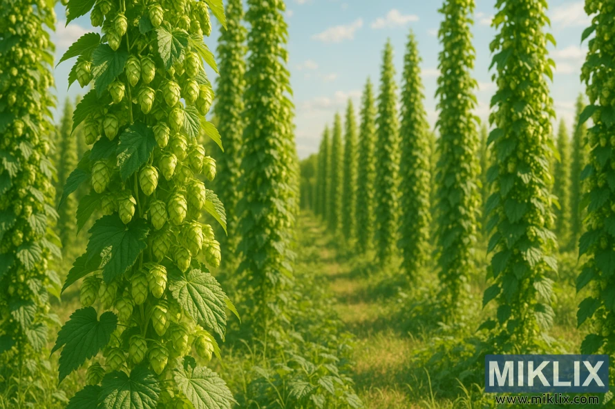 Um vibrante campo de lúpulo com altas trepadeiras de lúpulo Apolon crescendo em fileiras organizadas sob um céu azul ensolarado.