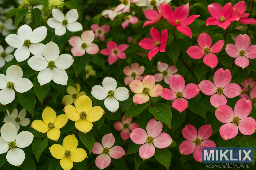 Un paisatge vibrant de diverses varietats de sanguinyol en tons blancs, roses i grocs que floreixen entre un exuberant fullatge verd.