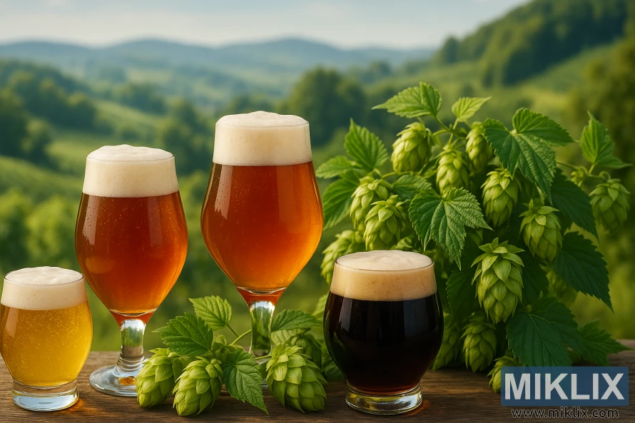 Quatro copos de cervejas inspiradas na Styrian Wolf e cones de lúpulo frescos dispostos numa superfície de madeira com colinas verdes desfocadas ao fundo. Quatro copos de cervejas inspiradas na Styrian Wolf e cones de lúpulo frescos dispostos numa superfície de madeira com colinas verdes desfocadas ao fundo.
