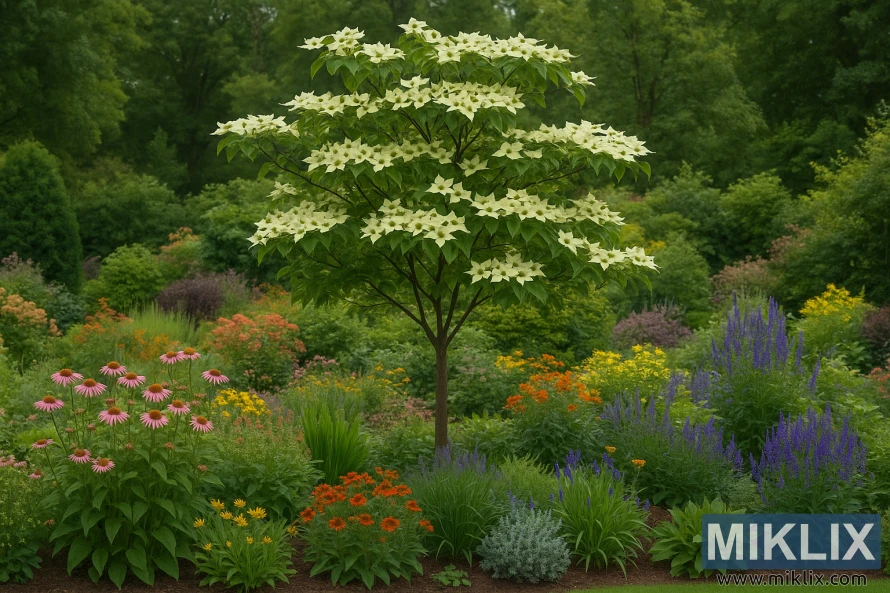Un sanguinyol florit envoltat de plantes perennes de colors i una vegetació exuberant en un jardí paisatgístic.
