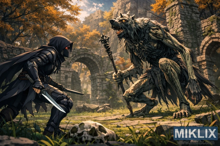 Anime style fan art of a Black Knife armored Tarnished facing the Demi-Human Queen boss in overgrown stone ruins just before combat begins.