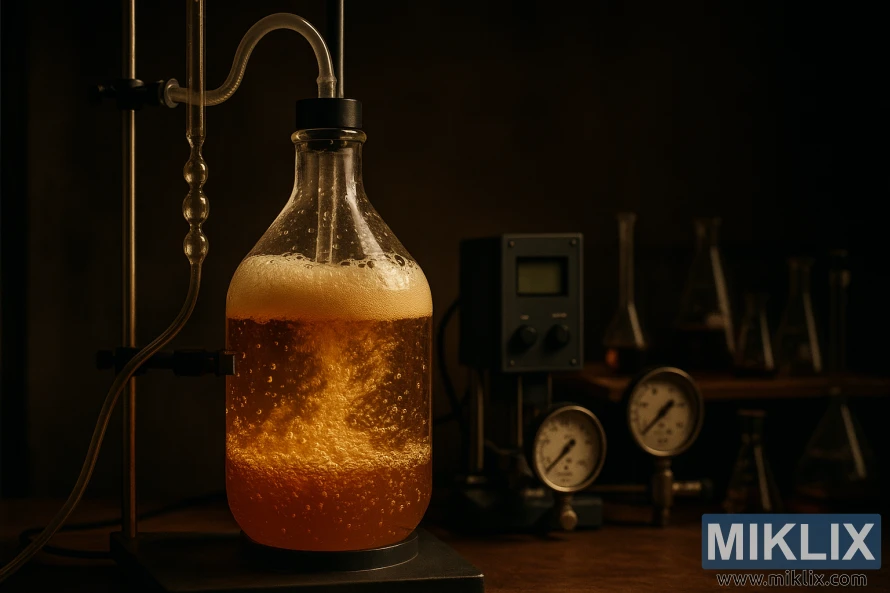 Стеклянный сосуд для ферментации, наполненный пенистой, пузырящейся янтарной жидкостью, в тускло освещенной лаборатории, окруженной научными приборами. Стеклянный сосуд для ферментации, наполненный пенистой, пузырящейся янтарной жидкостью, в тускло освещенной лаборатории, окруженной научными приборами.