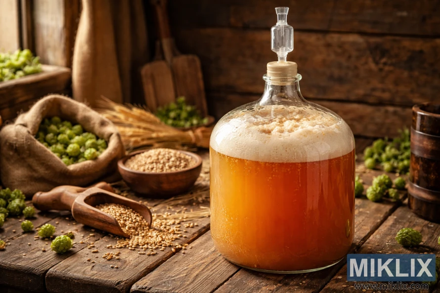 Glass carboy of hazy Bavarian wheat ale fermenting on a rustic wooden table, topped with foamy krausen and fitted with an airlock, surrounded by hops and grain.