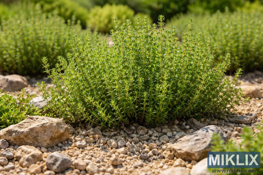 Healthy thyme plants growing in full sun in well-drained rocky soil with gravel and stones