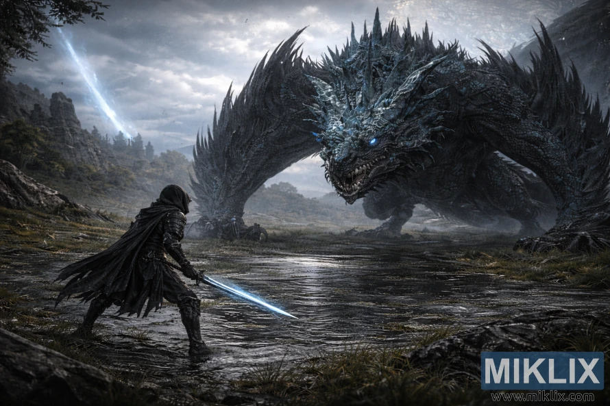 Immagine realistica in stile fantasy dell'armatura Tarnished in Black Knife che brandisce una spada blu brillante mentre affronta un colossale Drago di Pietralucente Smarag nelle nebbiose zone umide di Liurnia dei Laghi. Immagine realistica in stile fantasy dell'armatura Tarnished in Black Knife che brandisce una spada blu brillante mentre affronta un colossale Drago di Pietralucente Smarag nelle nebbiose zone umide di Liurnia dei Laghi.