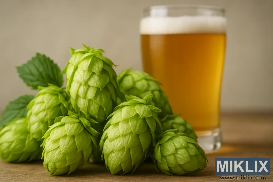 Ferske Saaz-humlekjegler med lupulinkjertler ved siden av et glass gyllent øl i myk belysning.