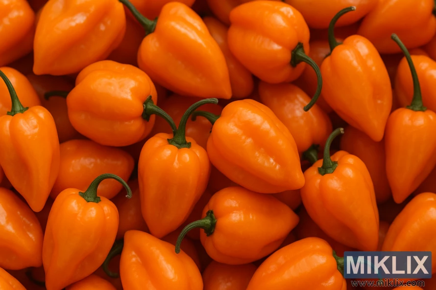 En närbild av ljusorange habaneropeppar som visar deras skrynkliga, lyktliknande form. En närbild av ljusorange habaneropeppar som visar deras skrynkliga, lyktliknande form.