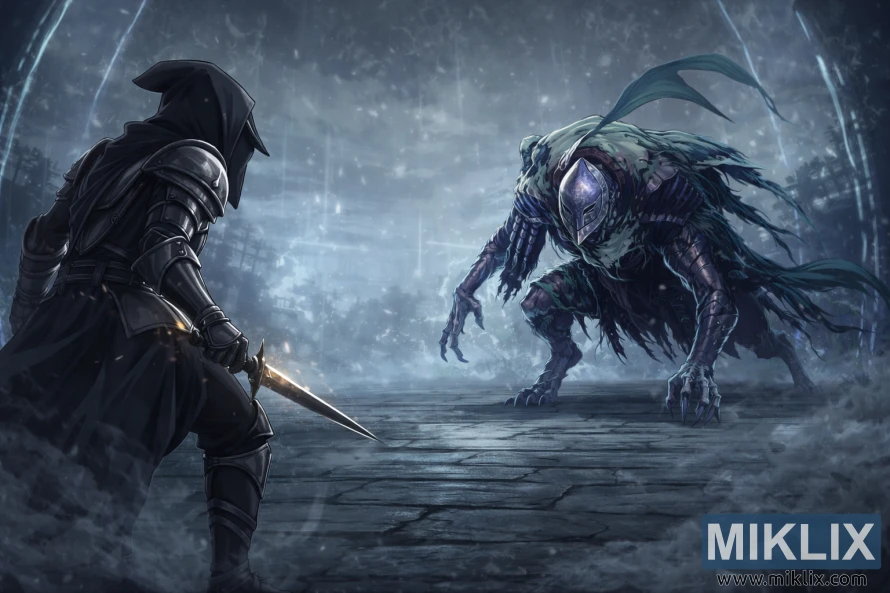 Anime style fan art of a black-armored Tarnished facing Bloodhound Knight Darriwil in a misty magical arena just before combat begins. Anime style fan art of a black-armored Tarnished facing Bloodhound Knight Darriwil in a misty magical arena just before combat begins.