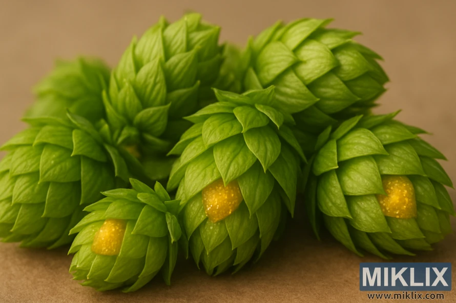 Primo piano di coni di luppolo verde fresco con ghiandole di luppolina giallo oro, illuminati soffusamente su uno sfondo neutro. Primo piano di coni di luppolo verde fresco con ghiandole di luppolina giallo oro, illuminati soffusamente su uno sfondo neutro.