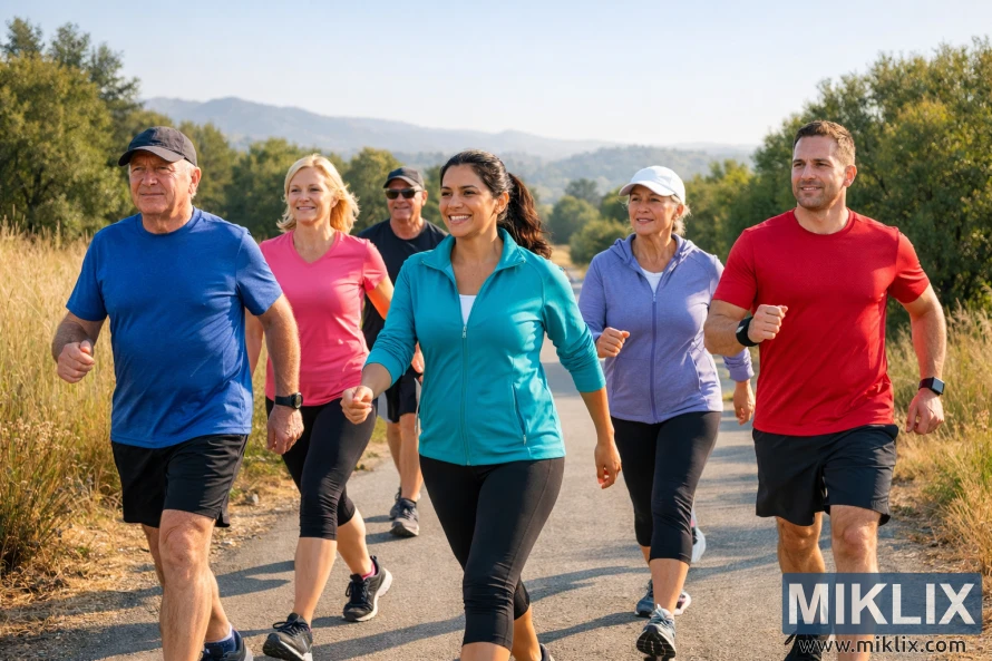 Gruppe på seks voksne powerwalker sammen på en naturskøn udendørs sti i det tidlige morgenlys.