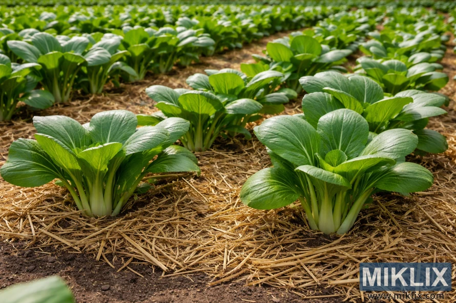 Sunne bok choy-planter som vokser i pene rader med halmdekk som dekker jorden for å holde på fuktigheten og undertrykke ugress. Sunne bok choy-planter som vokser i pene rader med halmdekk som dekker jorden for å holde på fuktigheten og undertrykke ugress.