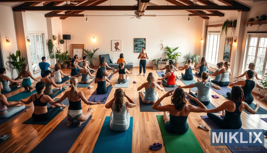 Group of diverse people practicing yoga in a warm, inviting studio with wooden floors.