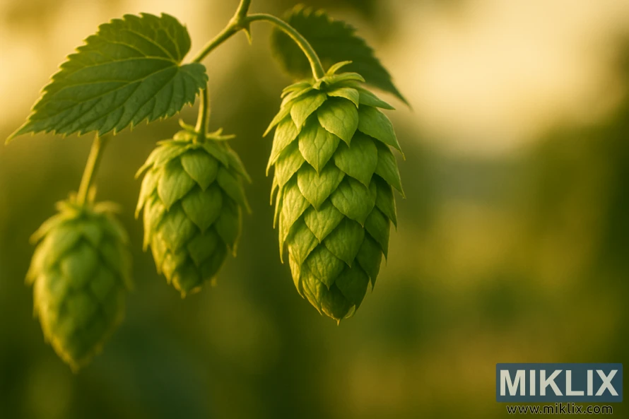 ぼやけた背景に金色の拡散した太陽光で柔らかく照らされた、ブドウの木に実った鮮やかな緑色のゼウスホップの円錐の詳細なクローズアップ。 ぼやけた背景に金色の拡散した太陽光で柔らかく照らされた、ブドウの木に実った鮮やかな緑色のゼウスホップの円錐の詳細なクローズアップ。