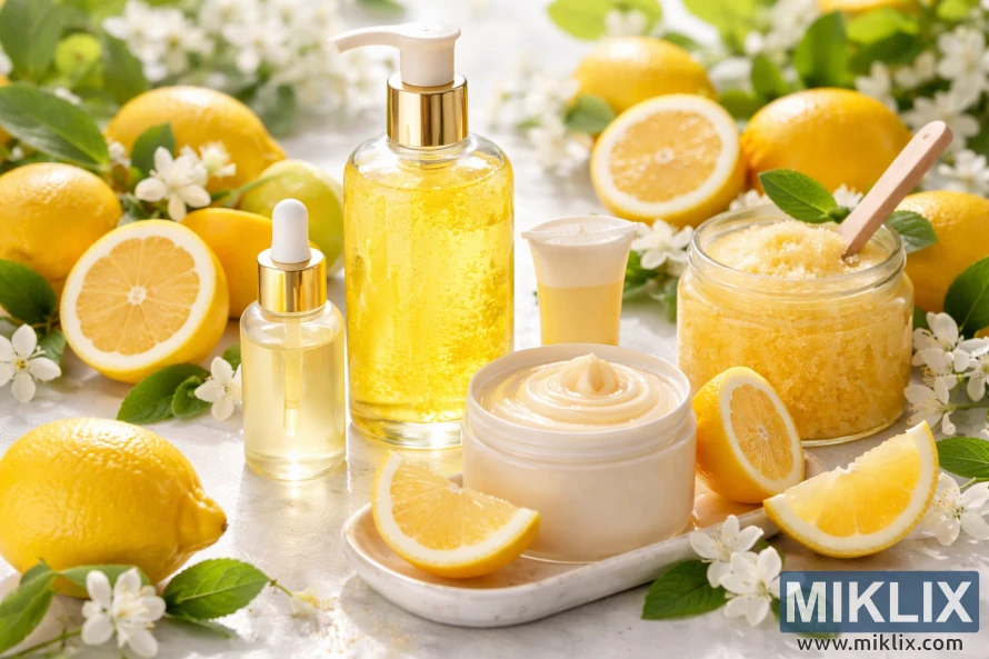 Các sản phẩm chăm sóc da chiết xuất từ chanh được trưng bày cùng chanh tươi, lát chanh, lá xanh và hoa trắng trên một bề mặt sáng màu.