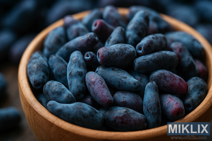 Close-up of fresh honeyberries in a wooden bowl, ready to eat Close-up of fresh honeyberries in a wooden bowl, ready to eat