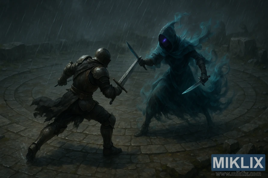 Полуреалистична уметничка дела пејзажа приказују Потамњелог како замахује мачем док Алекто, вођа Црног Ножа, контранапада са два бодежа у кишом натопљеној каменој арени.