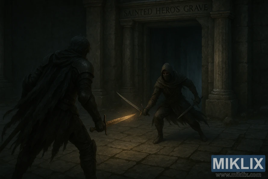 Realistic fantasy scene showing the Tarnished facing a Black Knife Assassin before the Sainted Hero’s Grave in a dimly lit stone courtyard.