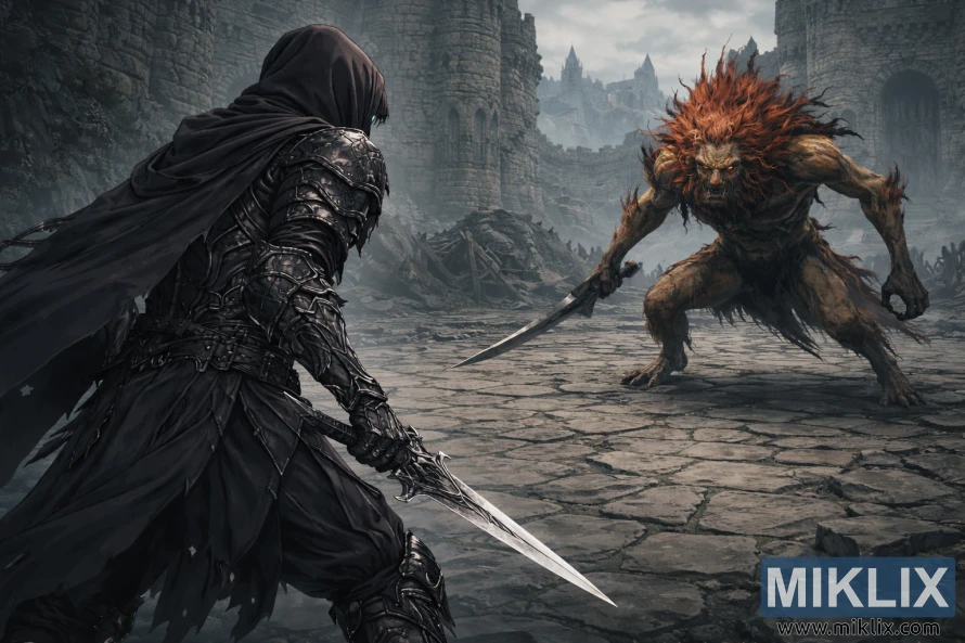 एनीमे फैंटेसी सीन जिसमें लड़ाई से पहले, बर्बाद कैसल मोर्ने के आंगन में, पीछे से बाईं ओर से देखा गया टार्निश्ड इन ब्लैक नाइफ आर्मर, लियोनिन मिसबिगॉटन बॉस का सामना कर रहा है।