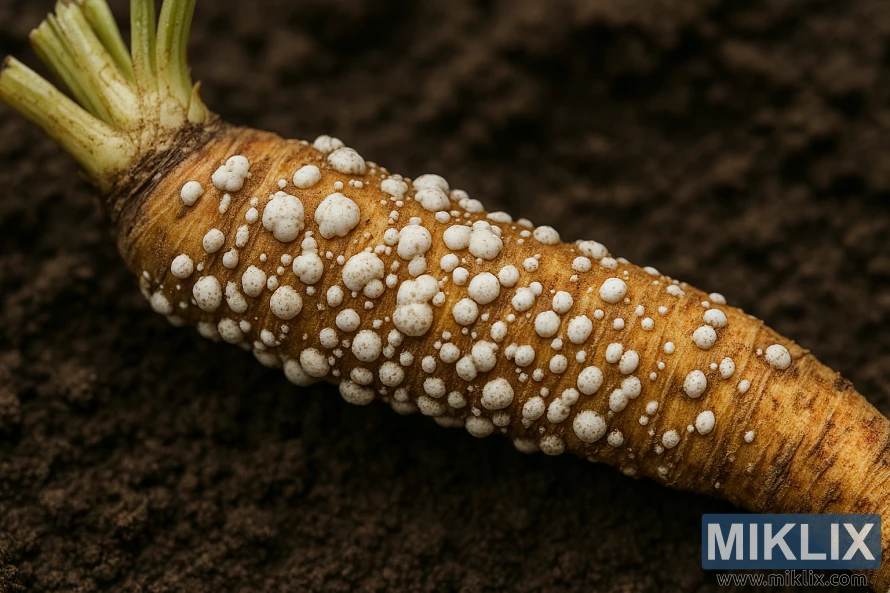 Close-up of horseradish root showing white rust pustules on its surface