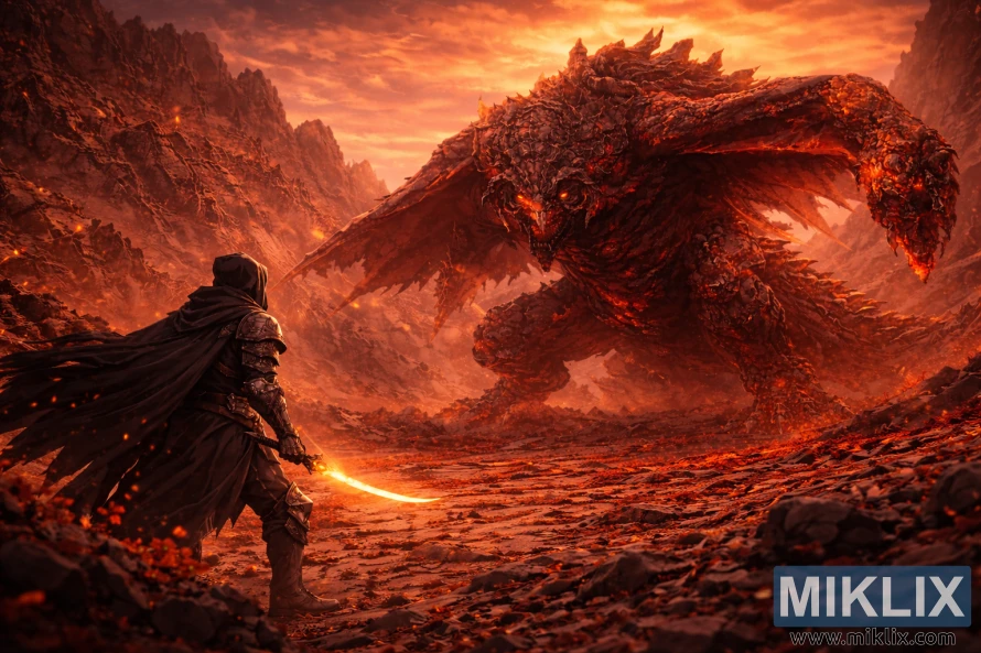 Wide anime-style scene of the Tarnished in Black Knife armor seen from behind on the left, facing the colossal Bayle the Dread in a fiery volcanic valley at sunset.
